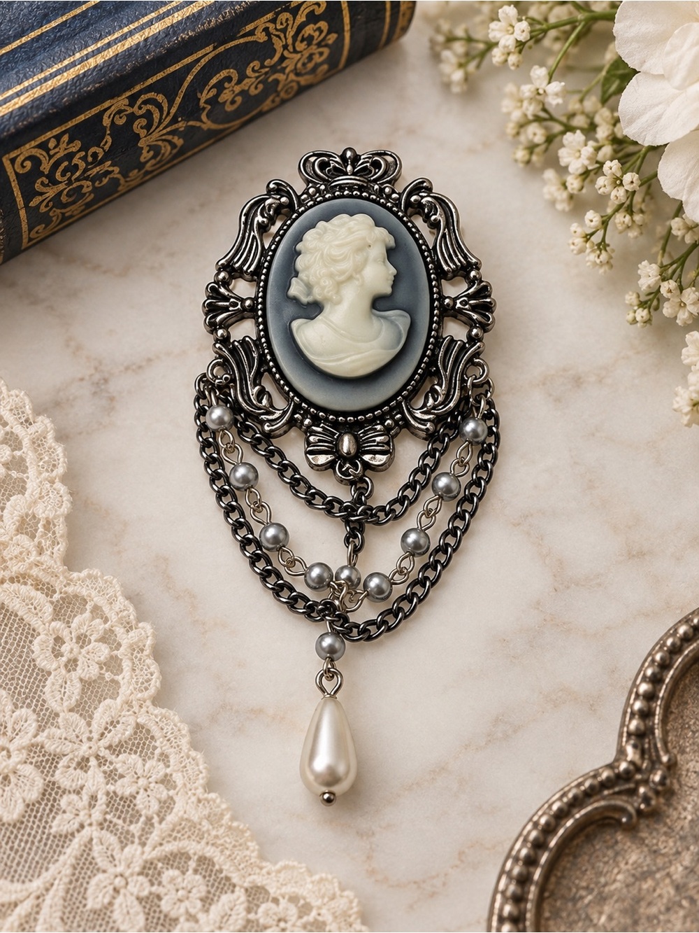 Cameo Pendant Layered Chains Faux Pearl Dangle Vintage Victorian Style